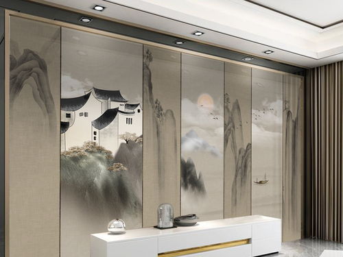 中式现代复古艺术山水风景电视背景墙壁画图片素材 效果图下载